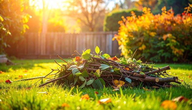 A large pile of yard waste consisting of tree branches and fallen leaves sitting on a bright green grass lawn during a sunny afternoon.