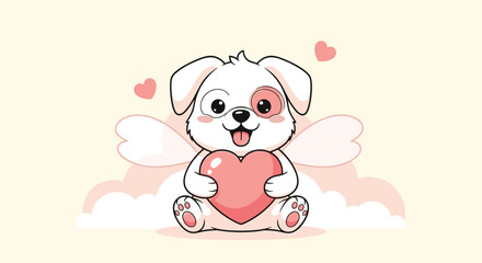 Fototapeta premium Adorable white puppy with wings sitting on a pink cloud and holding a large pink heart with small floating hearts around it.