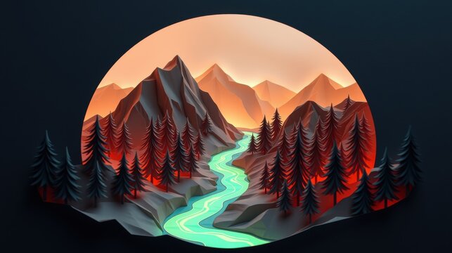 Low poly landscape. Mountains, river, trees form circular scene. Warm colors dominate, creating serene atmosphere. Minimalist design.