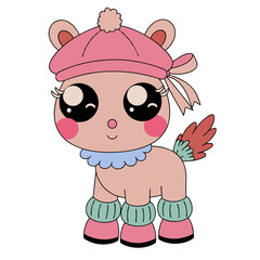 Fototapeta premium Horse cartoon character wears a pink hat and leg warmers in a whimsical vector illustration.