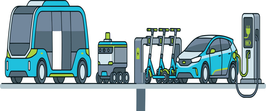 Flat vector illustration of electric autonomous vehicles charging station with shuttle bus car and scooters.