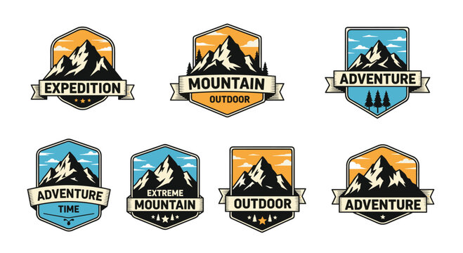 Collection of seven vintage style mountain adventure and outdoor expedition badges in hexagonal and shield shapes with sunset colors.