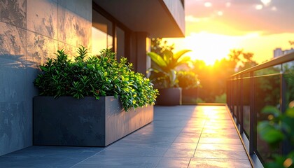 Fototapeta premium Modern luxury balcony with vibrant green potted plants on a serene apartment terrace during a warm glowing sunset over the city landscape.