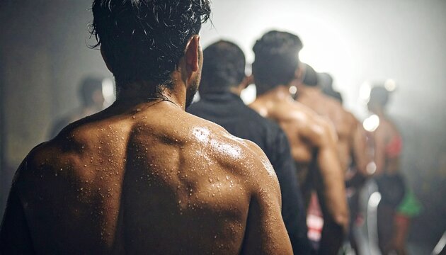 Back view of a focused group of athletic men training together in a dark gym environment under dramatic spotlighting for fitness motivation.