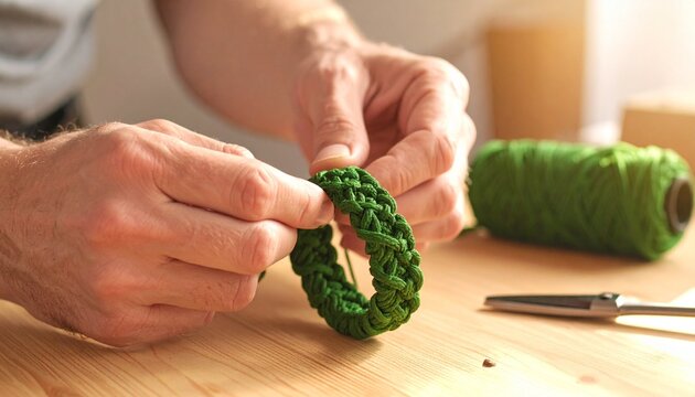 Close up view of hands crafting a green macrame bracelet using cord on a wooden table with scissors and thread spool for handmade jewelry.
