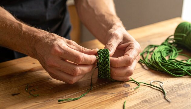 Person crafting a handmade green woven bracelet using sturdy cord at a wooden table for a creative diy hobby project in a home workshop.