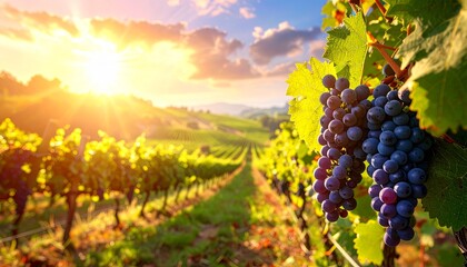 Naklejka premium A beautiful view of a lush vineyard at sunrise with vibrant clusters of ripe purple grapes hanging on the vines in the warm morning light.