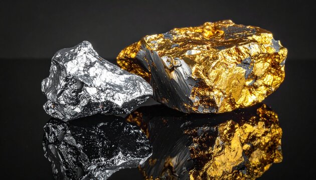 Close up view of a raw gold nugget sitting next to a sparkling silver ore specimen on a dark reflective surface for luxury wealth concept.