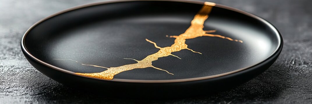 Elegant Artistic Cracked Ceramic Plate with Golden Veins, Celebrating Imperfection in Kintsugi Style