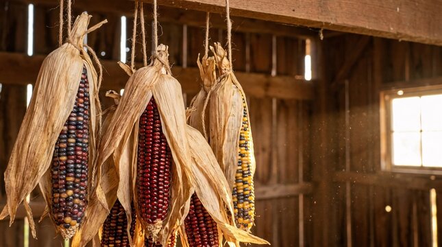 Harvest ready Indian corn cobs with vibrant multicolored kernels wrapped in dry husks hang inside a rustic barn bathed in warm sunlight.