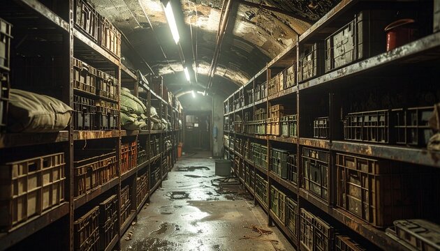 A dark and mysterious underground storage tunnel filled with metal shelves holding old crates and abandoned supplies in a dimly lit basement.