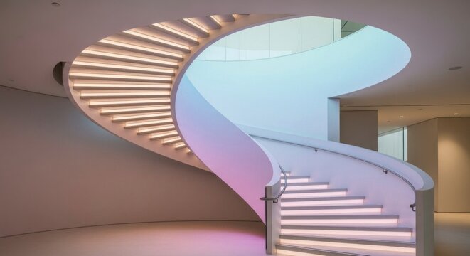 Escada em espiral moderna com design de ilumina&ccedil;&atilde;o art&iacute;stica em arquitetura contempor&acirc;nea.