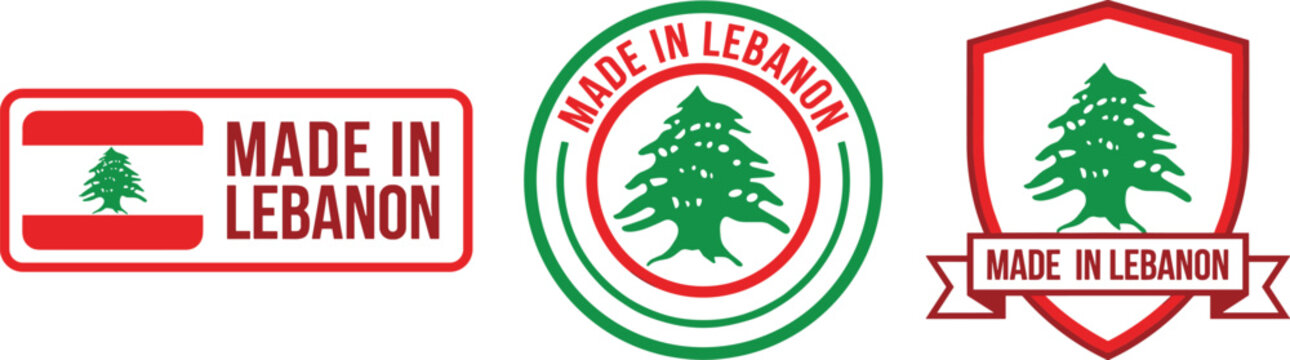 Country origin badge vector set featuring made in Lebanon labels, export branding icons, and national certification symbols.