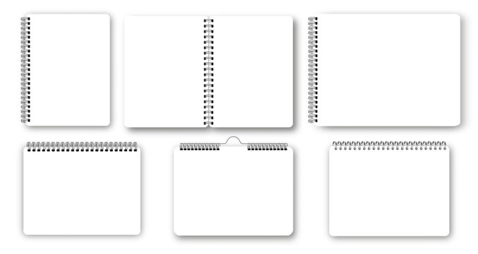White realistic notepad template with spring binding. Clean memo pad design featuring ruled pages, isolated background, perfect for educational stationery projects.