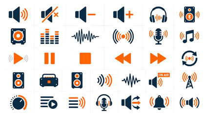 Fototapeta premium Audio Icons in Array: A comprehensive collection of audio icons, meticulously crafted to represent various sound-related functions and elements, creating visually appealing set.