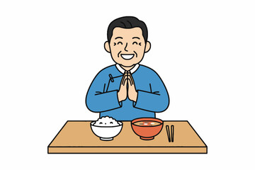 Senior Asian man praying before eating meal on white background © bayu