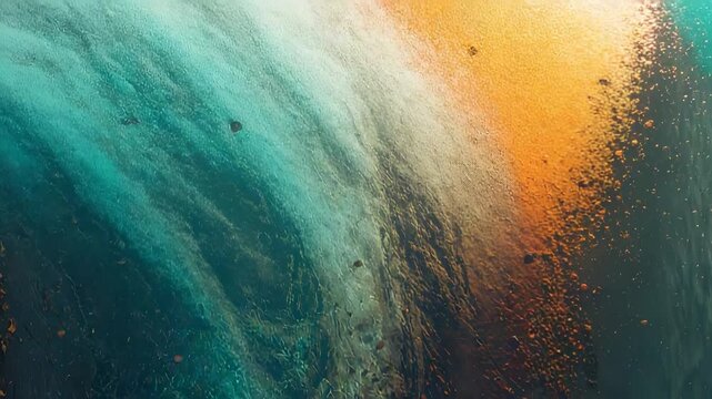 Turquoise ocean wave surface with golden sunlight, swirling foam, suspended bubbles and cinematic abstract marine texture detail