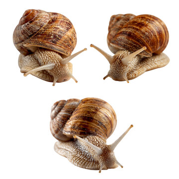 Three garden snails on transparent background