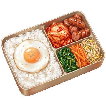 Korean Lunch Box PNG Clipart &ndash; Dosirak with Rice, Egg, Kimchi and Side Dishes, Korean Meal Illustration