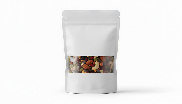 Blank label food packaging pouch with nuts and dried fruit mix for branding mockup