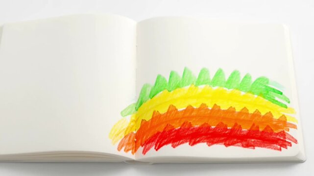 Open notebook with a colorful of orange and red scribbles on the right page desig
