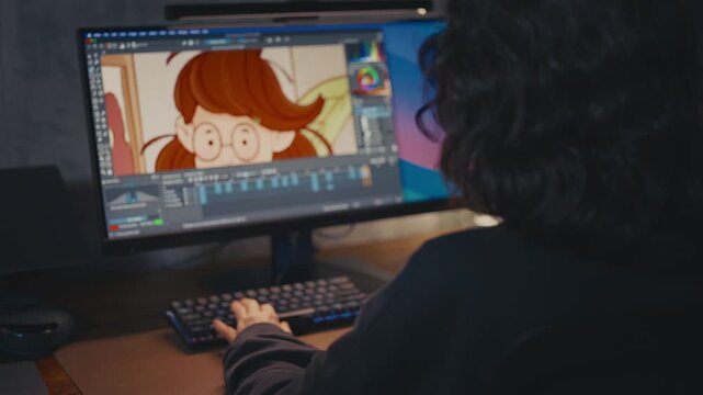 Rear view of middle-aged female artist with curly hair in sharp focus, blurred background showing hand typing on keyboard and monitor with cartoon character illustration. Cozy loft, warm evening light