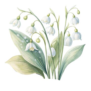 Hand-painted watercolor illustration of white snowdrop flowers with green leaves and dew drops isolated on white background.