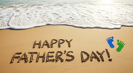 Fototapeta premium Happy fathers day text written on wet sand at the beach with colorful baby footprints next to the ocean waves on a sunny summer day