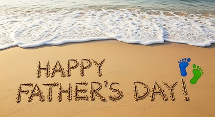 Fototapeta premium Happy fathers day text written on wet sand at the beach with colorful baby footprints beside the ocean water washing up on the shore