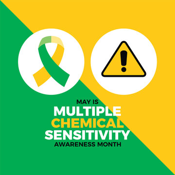 May is Multiple Chemical Sensitivity Awareness Month poster vector illustration. Green yellow awareness ribbon and exclamation point chemical symbol icon set. Template for background, banner, card