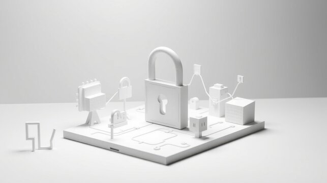 Minimalist white scene depicts data security concept. Lock dominates, surrounded by server components, cables, plugs. Modern, clean aesthetic.