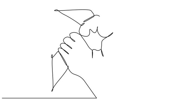 Animated self drawing of one continuous line draw group of young male and female business people unite hands together to form five star shape, Teamwork unite 4k animation video