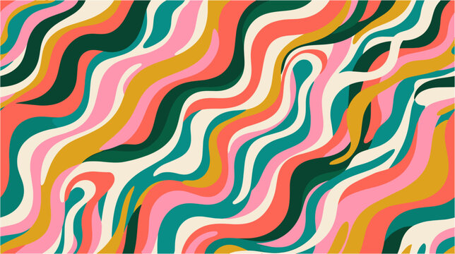 Groovy retro pattern with colorful wavy lines and psychedelic organic shapes inspired by seventy seventies style.