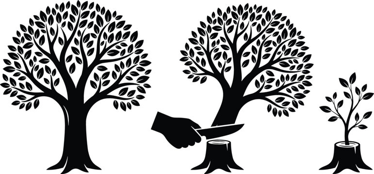 ree Growth and Deforestation Icon Set Featuring Mature Trees, Stumps, and Cutting Symbol for Environmental