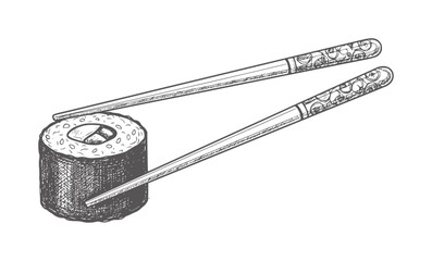 Hand drawn sushi roll with ornate chopsticks white maki food © Musfiqur