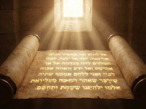 Ancient Scroll with Hebrew Text Illuminated by Light