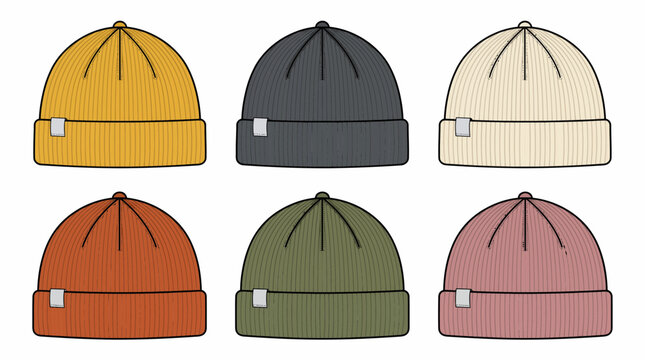 Vector collection of six ribbed beanie hats in diverse colors with blank labels, illustrating fashion design templates and representing apparel product mockups