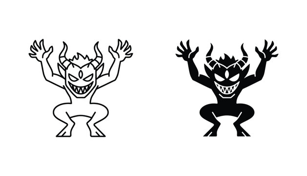 Cartoon devil character with horns and fangs in a squatting pose outline and silhouette vector art