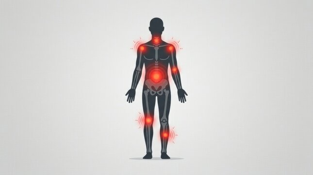 Human body silhouette with highlighted areas of pain and skeletal structure