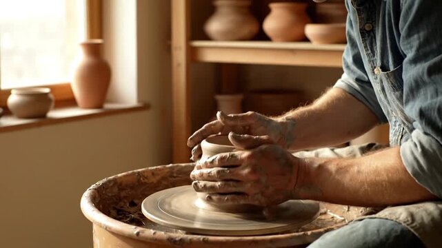 Skilled Potter Shaping Wet Clay into a Vessel on a Spinning Pottery Wheel in a Sunlit Traditional Craft Studio