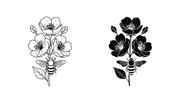 Busy honey bee flying around blooming flowers vector illustration