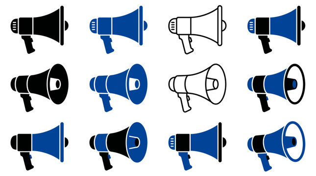 Collection of twelve diverse megaphone icons in black, blue and outline styles arranged on a white background, representing marketing announcements and public communication strategies