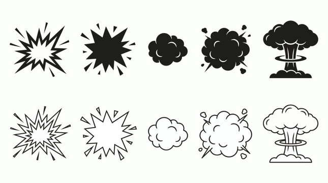 Vector set of black and outline comic explosion, smoke and mushroom cloud icons, Symbolizing comic sound effects, impact and warning alerts in graphic design