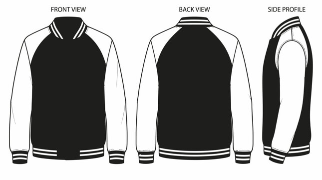 Vector black and white varsity baseball jacket mockup with raglan sleeves and striped ribbing in three views, illustrating fashion design concepts and custom sportswear projects