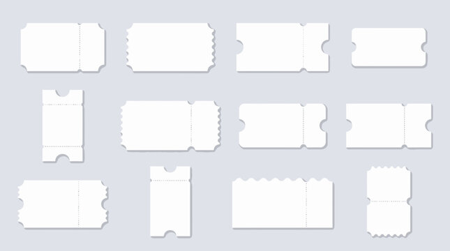 Collection of blank white tickets, coupons and stubs with various perforated shapes and subtle shadows on a clean background, Symbolizing event admission or illustrating marketing promotions