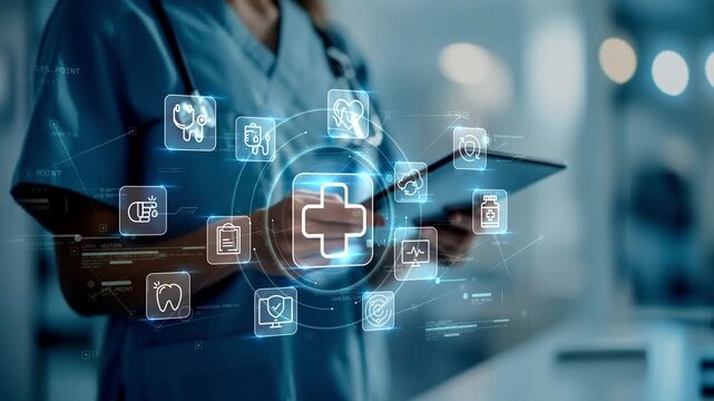 Professional nurse, female doctor working on tablet with healthcare, heart and digital medicine icons, representing telehealth, patient protection and connected healthcare systems