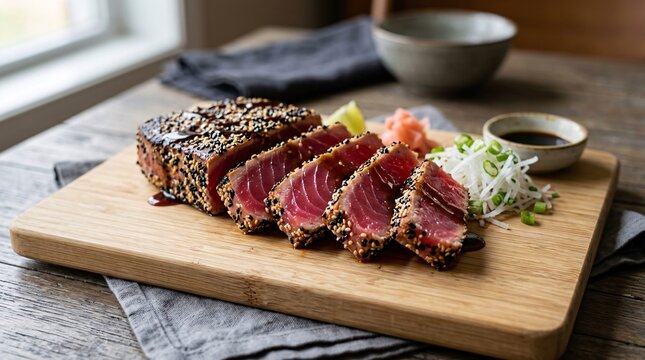 Perfectly seared Ahi tuna steak reveals a vibrant raw ruby red center and a crust covered in black and white sesame seeds on light bamboo.