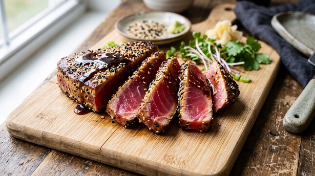 Perfectly seared Ahi tuna steak reveals a vibrant raw ruby red center and a crust covered in black and white sesame seeds on light bamboo.