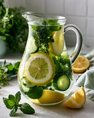Fototapeta premium Fresh infused water pitcher with lemon cucumber mint and herbs showcasing hydration lifestyle wellness and clean healthy living concept