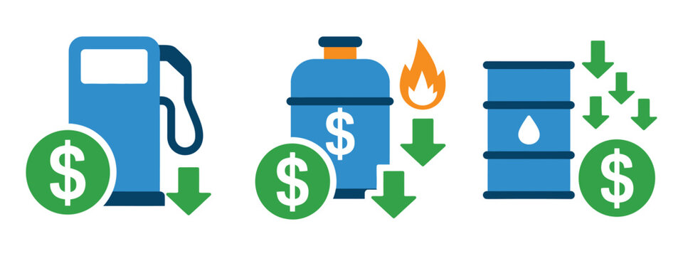 Icons showing decrease in fuel and energy prices, gas pump, propane tank, and oil barrel vector illustration, symbolizing reduced energy expenses, declining oil prices, and fuel market correction 